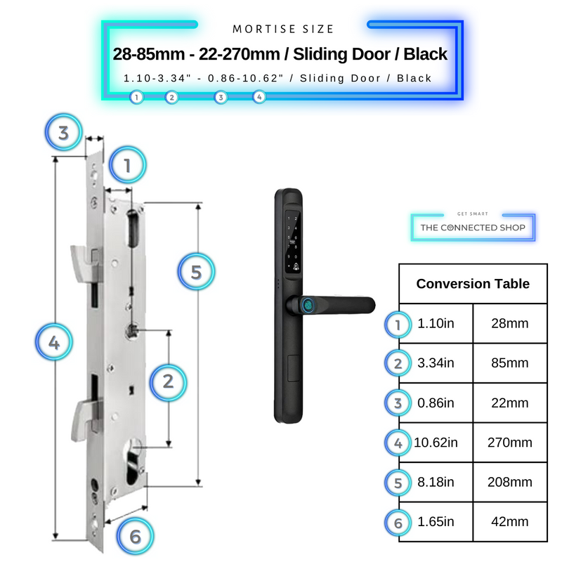 Smart Door Lock Slim Black Mortise Size 28mm 85mm 22mm 270mm Sliding Door