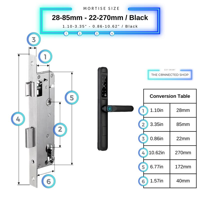 Smart Door Lock Slim Black Mortise Size 28mm 85mm 22mm 270mm