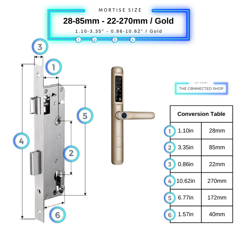 Smart Door Lock Slim Gold Mortise Size 28mm 85mm 22mm 270mm