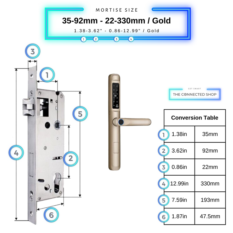 35-92mm-22-330mm gold Smart Door Lock Slim