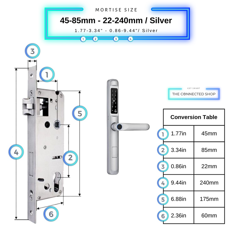 Smart Door Lock Slim Silver Mortise Size 45mm 85mm 22mm 240mm