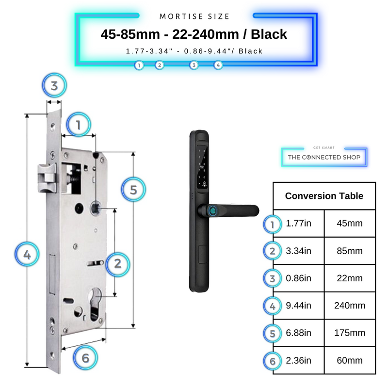 Smart Door Lock Slim Black Mortise Size 45mm 85mm 22mm 240mm