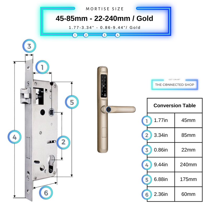Smart Door Lock Slim Gold Mortise Size 45mm 85mm 22mm 240mm