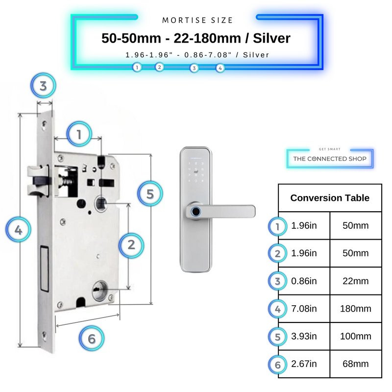 Smart Door Lock Silver Mortise Size 50mm 50mm 22mm 180mm