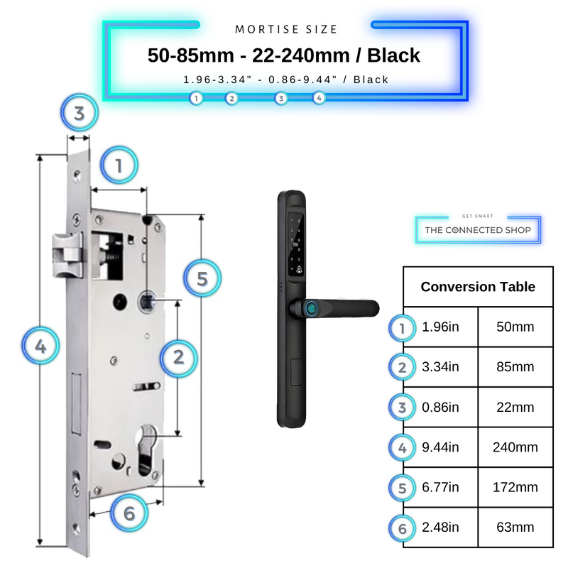 Smart Door Lock Slim Black Mortise Size 50mm 85mm 22mm 240mm
