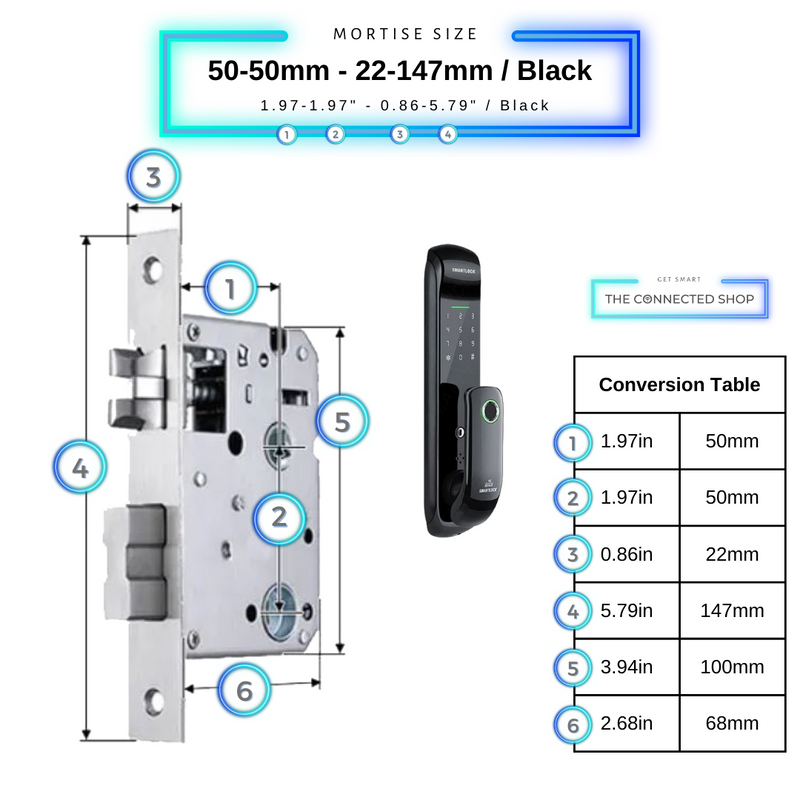 50-50mm 22-147mm Black Smart Pad Door Lock XL