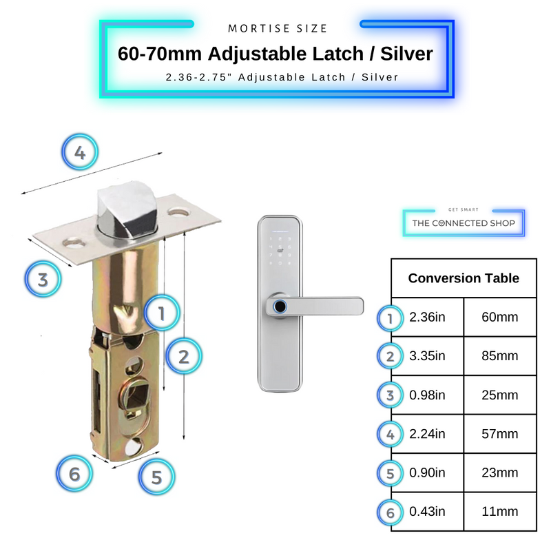 Smart Door Lock Silver Latch Size 60mm to 70mm