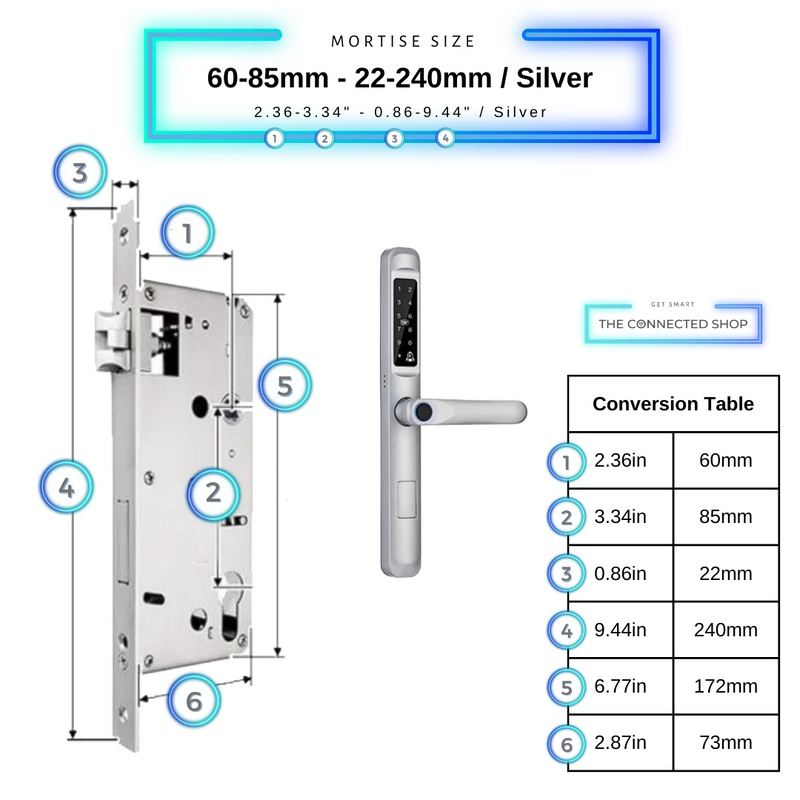 Smart Door Lock Slim Silver Mortise Size 60mm 85mm 22mm 240mm
