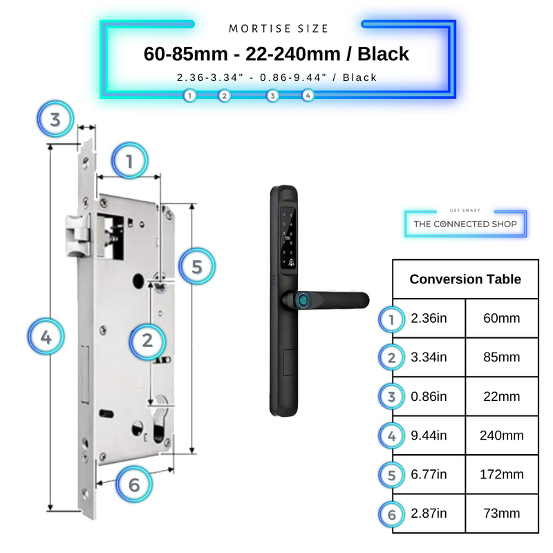 Smart Door Lock Slim Black Mortise Size 60mm 85mm 22mm 240mm