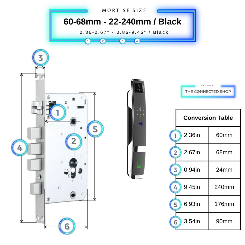 Black 3D Face Recognition Smart Door Lock 60-68mm - 22-240mm