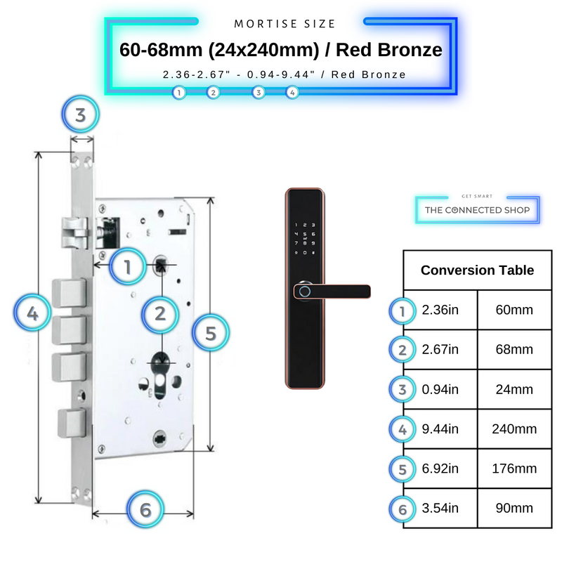 Smart Door Lock Thick 60-68mm 24-240mm Red Bronze