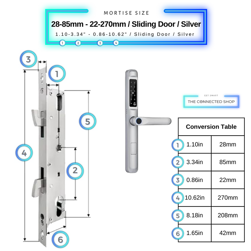 Smart Door Lock Slim Silver Mortise Size 28mm 85mm 22mm 270mm Sliding Door
