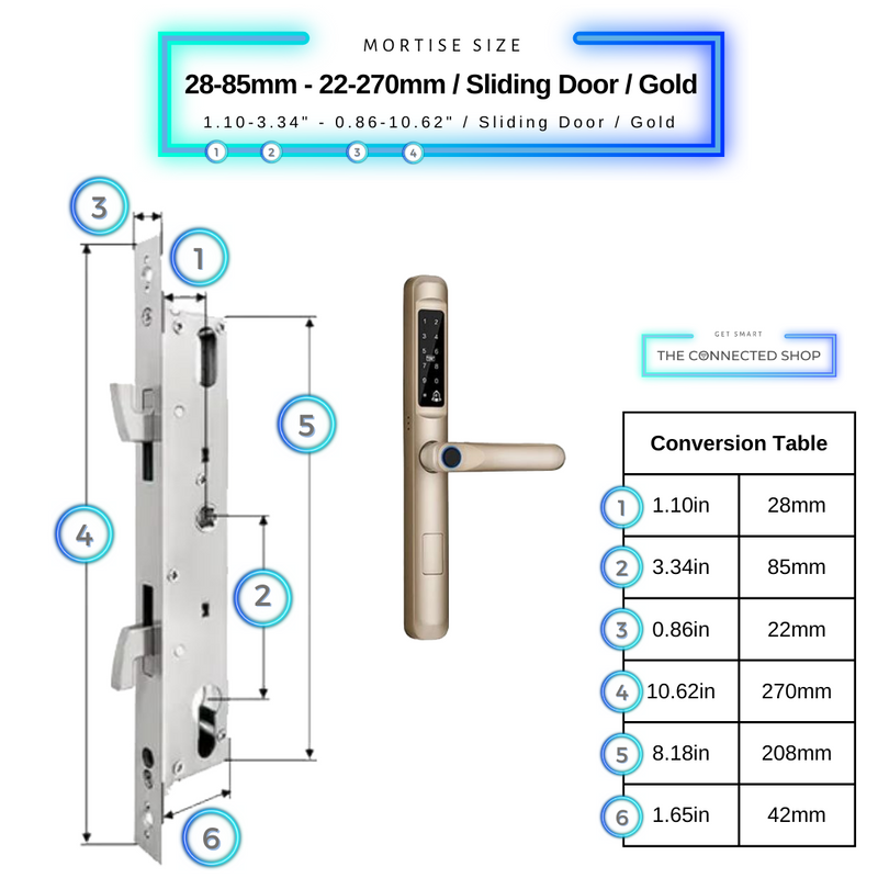 Smart Door Lock Slim Gold Mortise Size 28mm 85mm 22mm 270mm Sliding Door