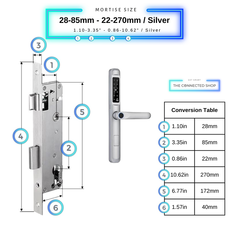Smart Door Lock Slim Silver Mortise Size 28mm 85mm 22mm 270mm