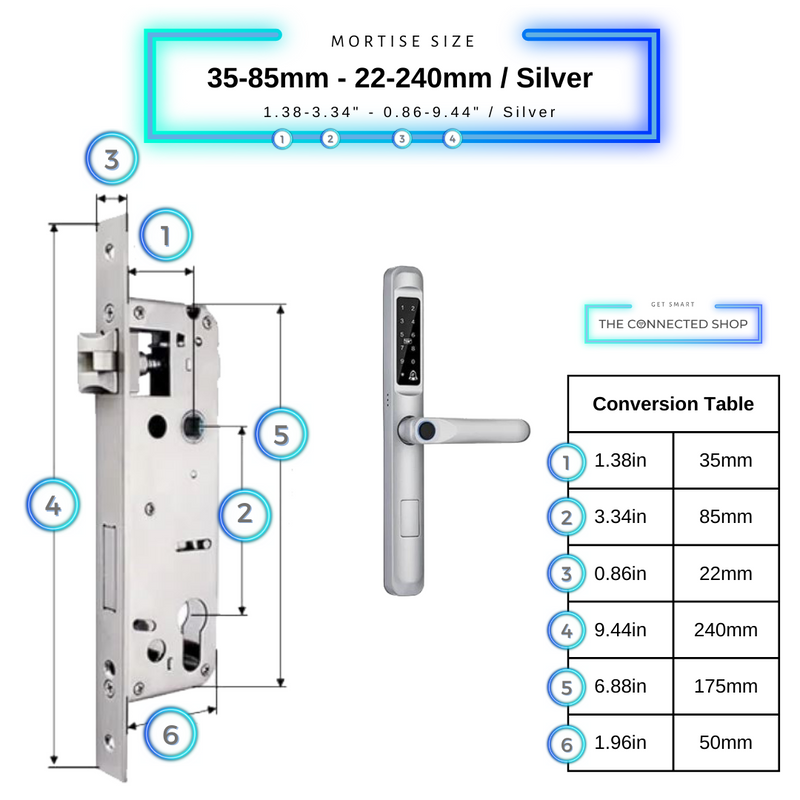 Smart Door Lock Slim Silver Mortise Size 35mm 85mm 22mm 240mm