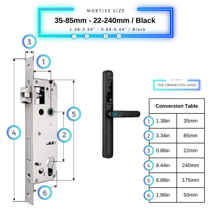 Smart Door Lock Slim Black Mortise Size 35mm 85mm 22mm 240mm
