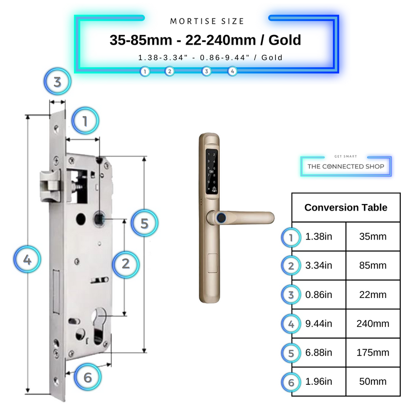Smart Door Lock Slim Gold Mortise Size 35mm 85mm 22mm 240mm