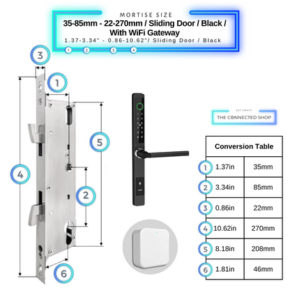 Sliding Door Smart Door Lock - 35-85mm (22x270mm) Sliding Door - Black - With WiFi Gateway