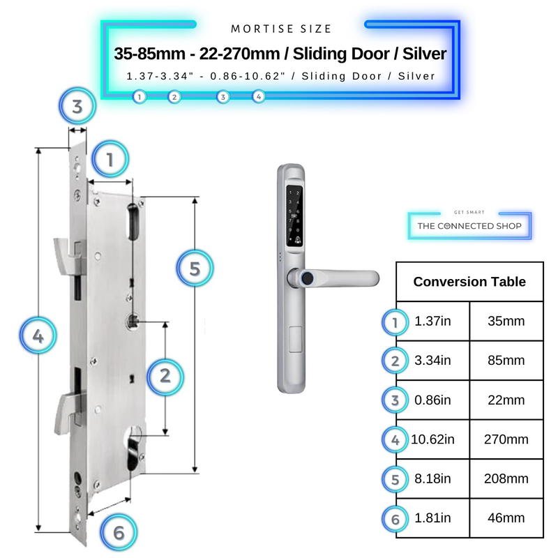 Smart Door Lock Slim Silver Mortise Size 35mm 85mm 22mm 270mm Sliding Door