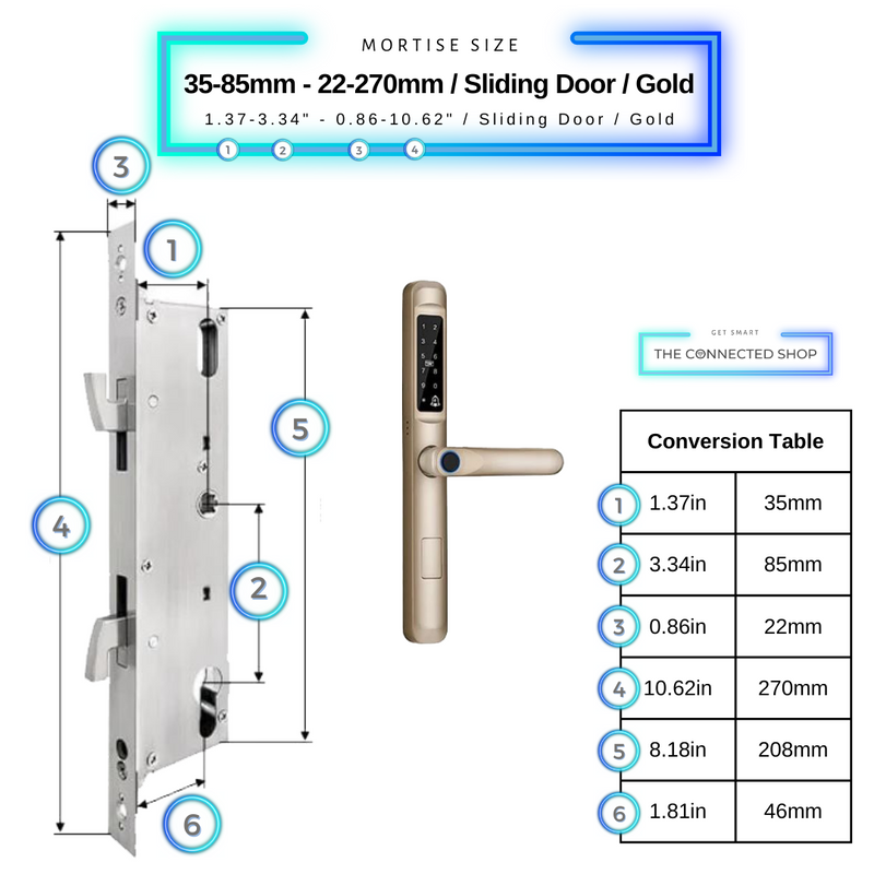 Smart Door Lock Slim Gold Mortise Size 35mm 85mm 22mm 270mm Sliding Door