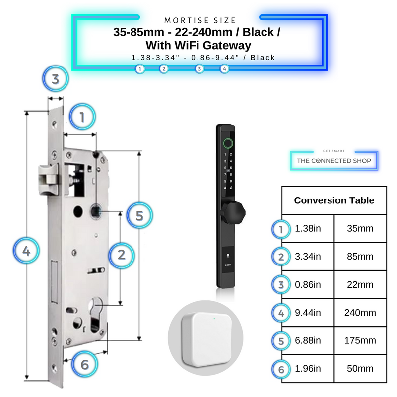 Smart Door Lock Thin 35-85mm-22-240mm_Blackw_WiFiGateway
