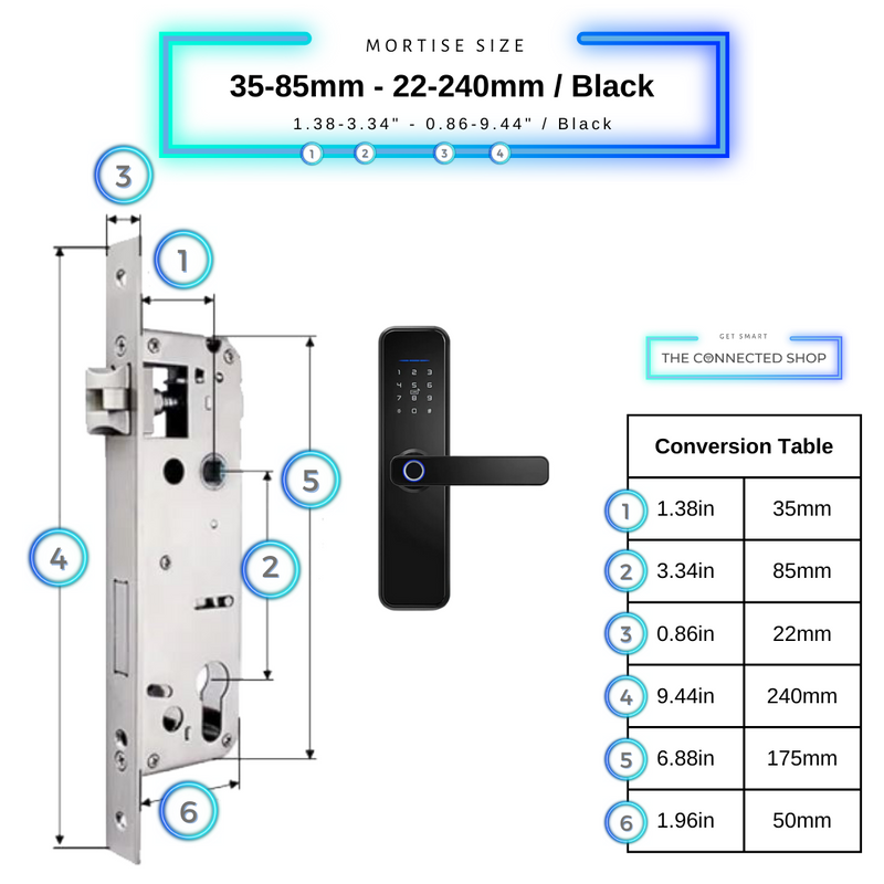 Smart Door Lock Black Mortise Size 35mm 85mm 22mm 240mm