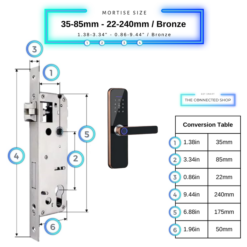 Smart Door Lock Bronze Mortise Size 35mm 85mm 22mm 240mm