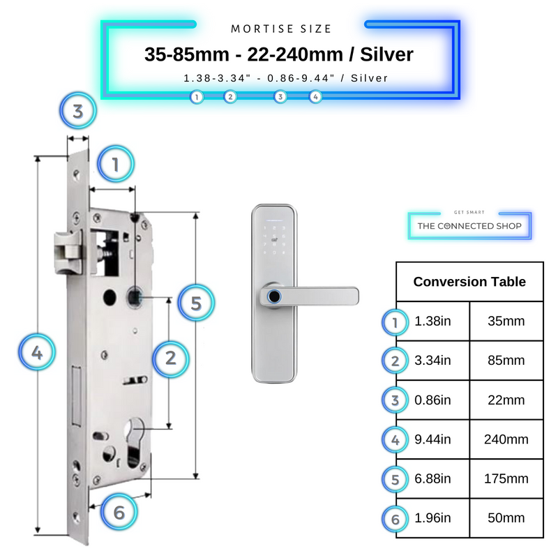 Smart Door Lock Silver Mortise Size 35mm 85mm 22mm 240mm