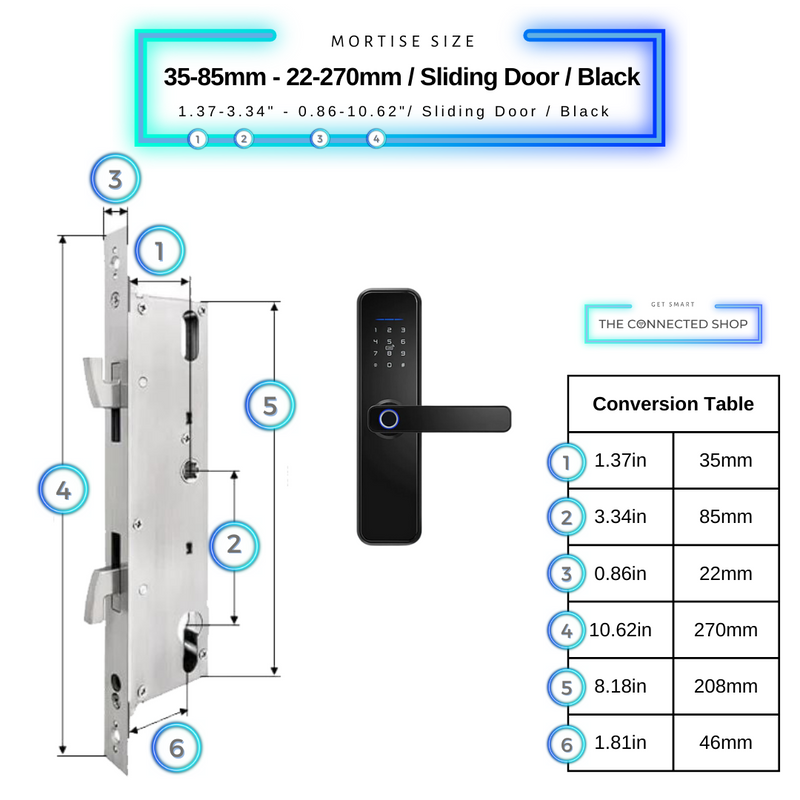 Smart Door Lock Black Mortise Size 35mm 85mm 22mm 270mm Sliding Door