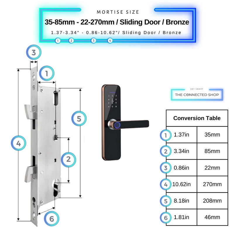 Smart Door Lock Bronze Mortise Size 35mm 85mm 22mm 270mm Sliding Door