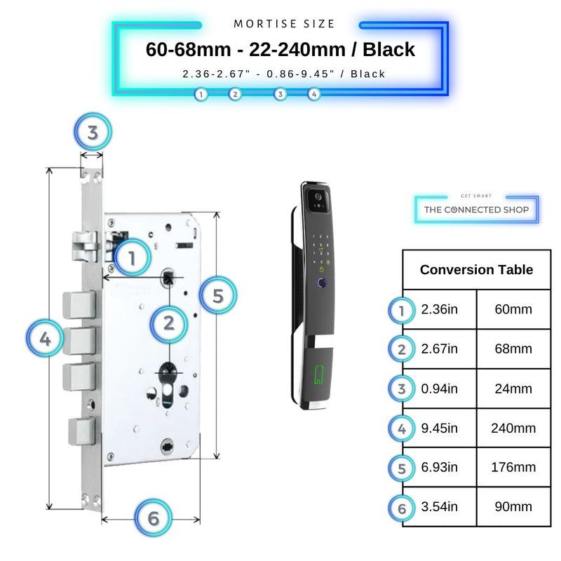 3D Face Recognition Smart Door Lock - Black - 60-68mm (22x240mm) -