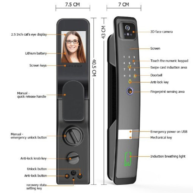 3D Face Recognition Smart Door Lock - Black - 60-68mm (22x240mm) -