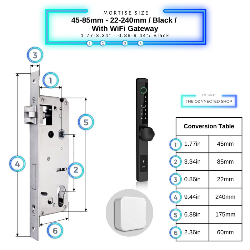 Smart Door Lock Thin 45-85mm-22-240mm_Blackw_WiFiGateway
