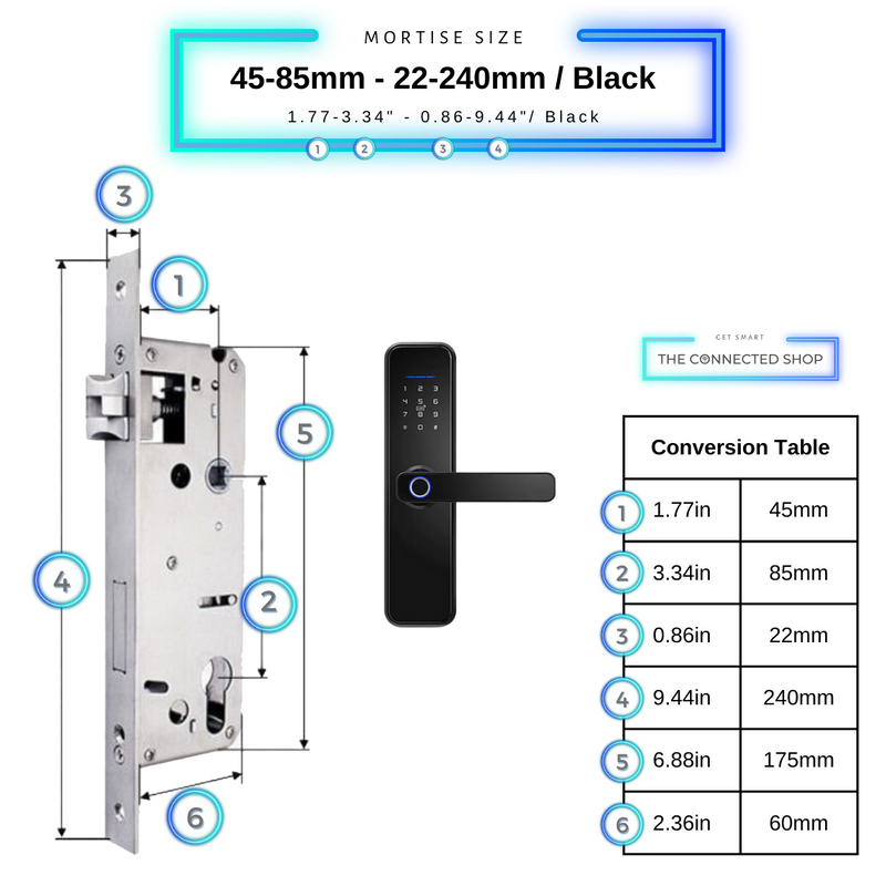 Smart Door Lock Black Mortise Size 45mm 85mm 22mm 240mm