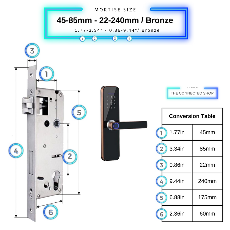Smart Door Lock Bronze Mortise Size 45mm 85mm 22mm 240mm