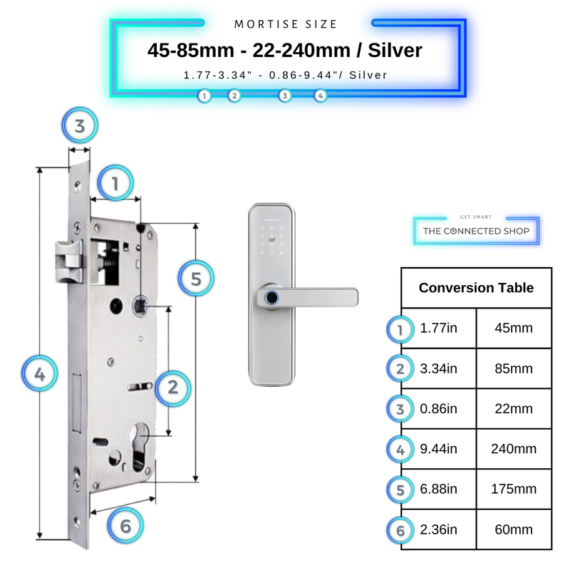Smart Door Lock Silver Mortise Size 45mm 85mm 22mm 240mm