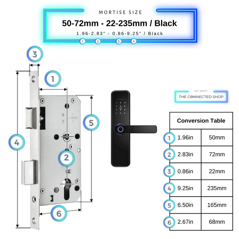 Smart Door Lock Black Mortise Size 50mm 72mm 22mm 235mm