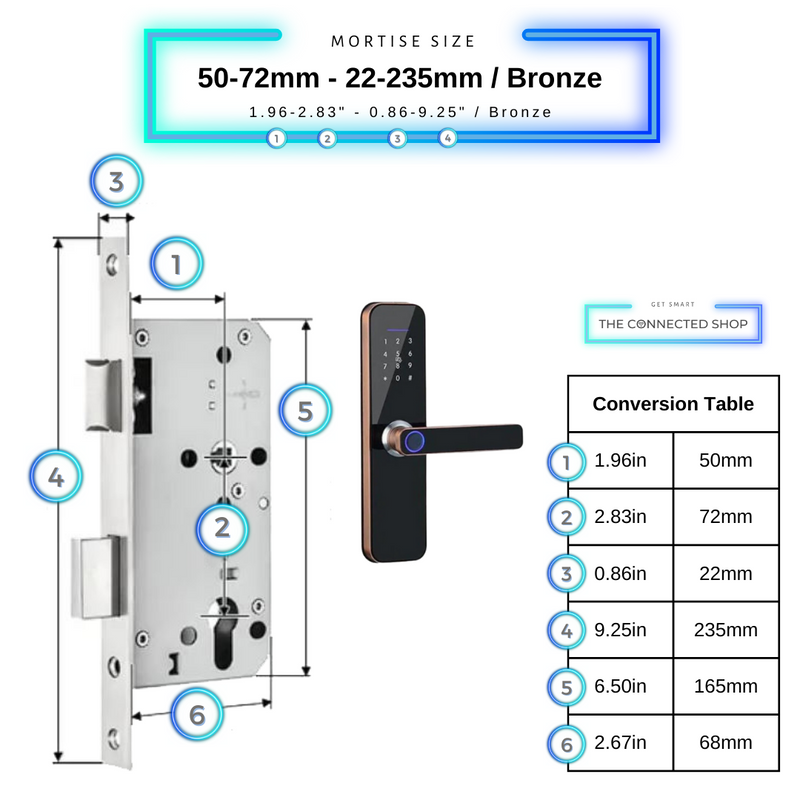 Smart Door Lock Bronze Mortise Size 50mm 72mm 22mm 235mm