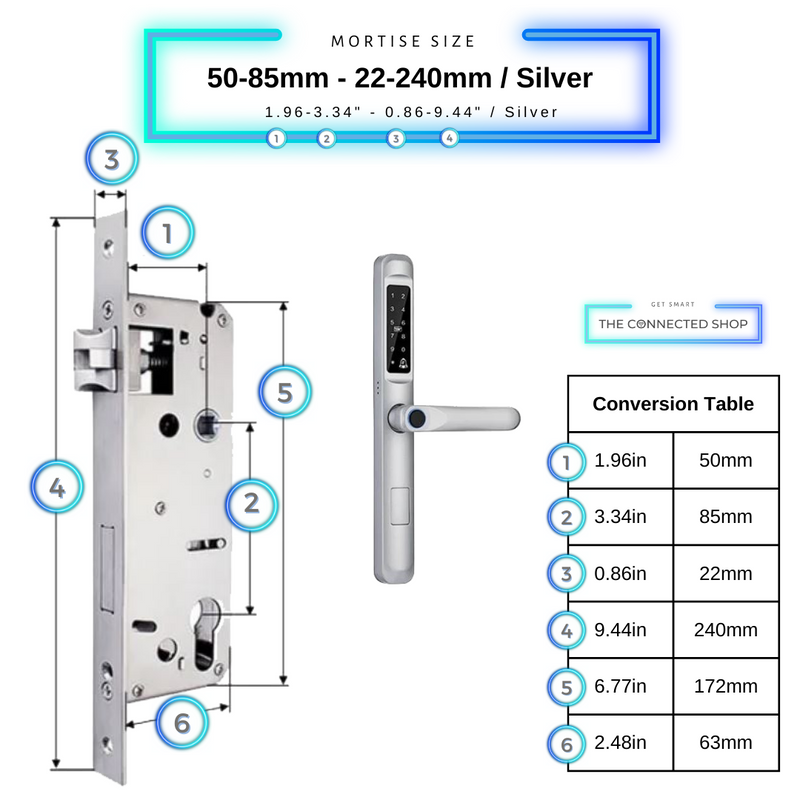 Smart Door Lock Slim Silver Mortise Size 50mm 85mm 22mm 240mm