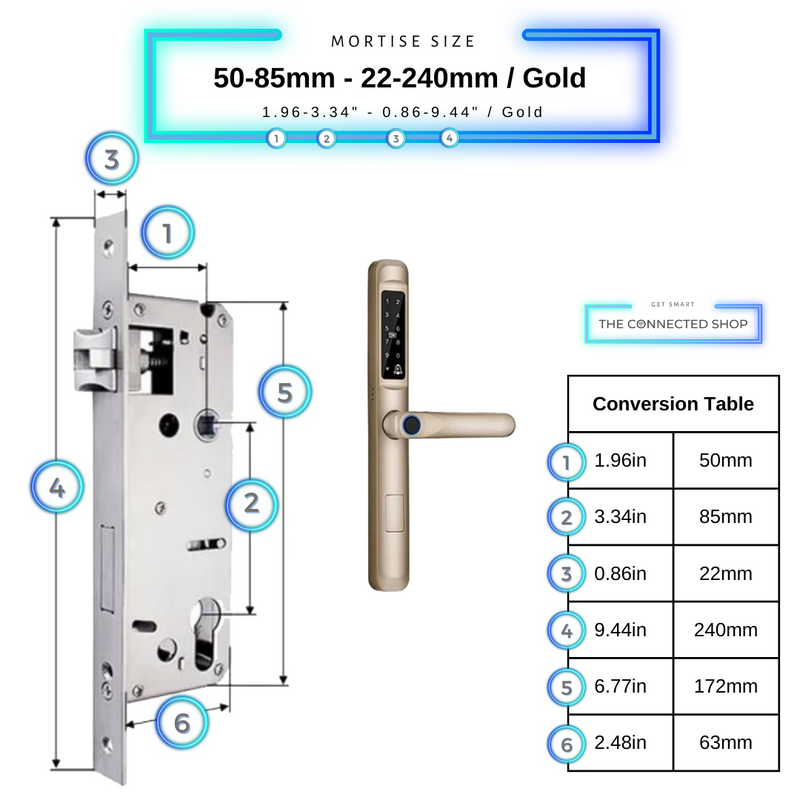 Smart Door Lock Slim Gold Mortise Size 50mm 85mm 22mm 240mm