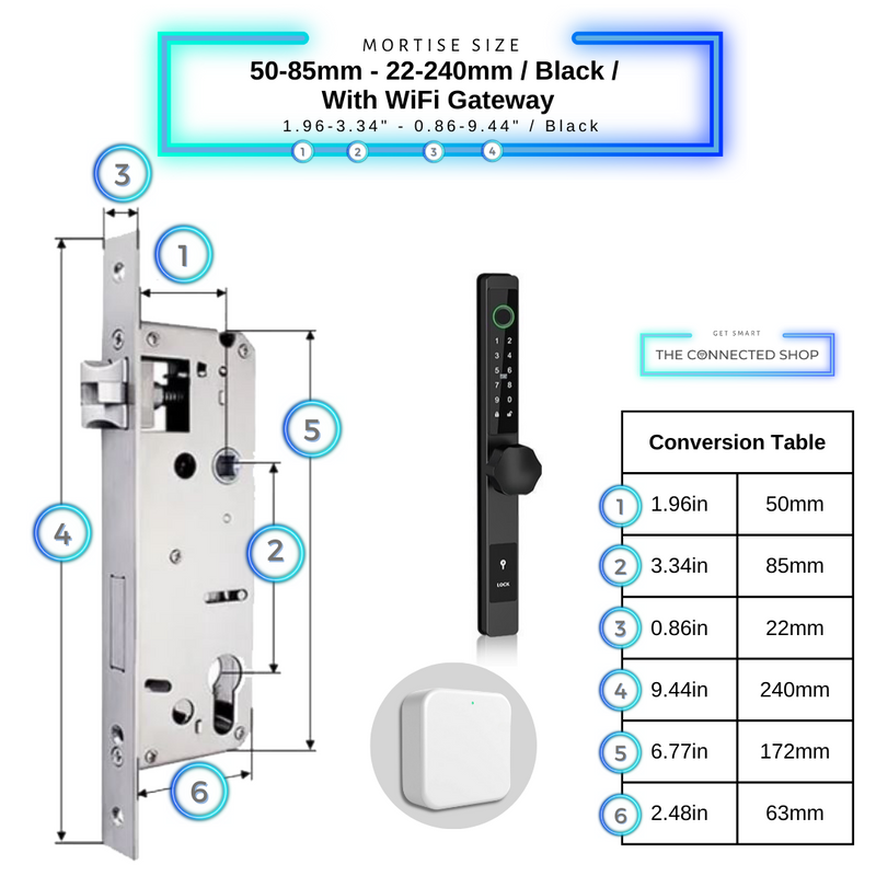 Smart Door Lock Thin 50-85mm-22-240mm_Blackw_WiFiGateway