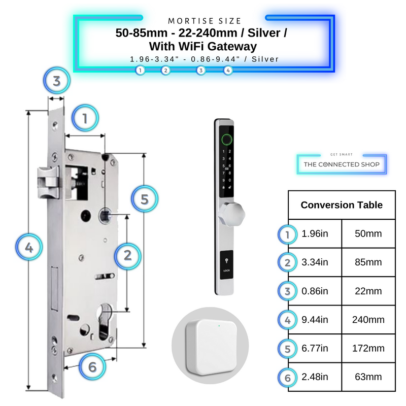 Smart Door Lock Thin 50-85mm-22-240mm_Silverw_WiFiGateway