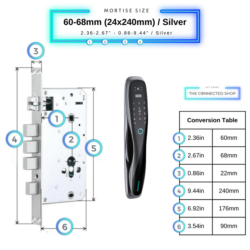 Smart Door Lock Camera Fingerprint WiFi 60-68mm_24x240mm__Silver