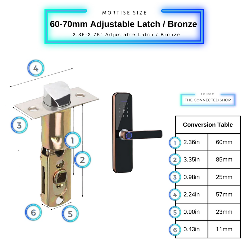 Smart Door Lock Bronze Latch Size 60mm to 70mm Bronze