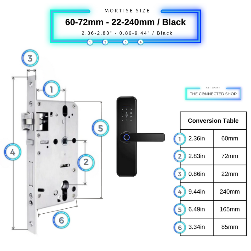 Smart Door Lock Black Mortise Size 60mm 72mm 22mm 240mm
