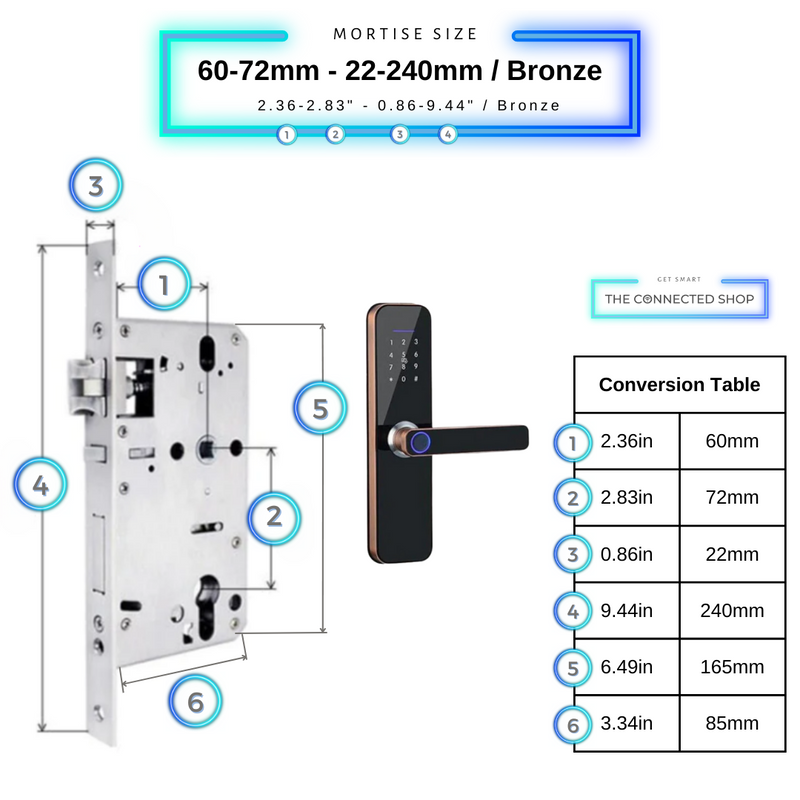 Smart Door Lock Bronze Mortise Size 60mm 72mm 22mm 240mm
