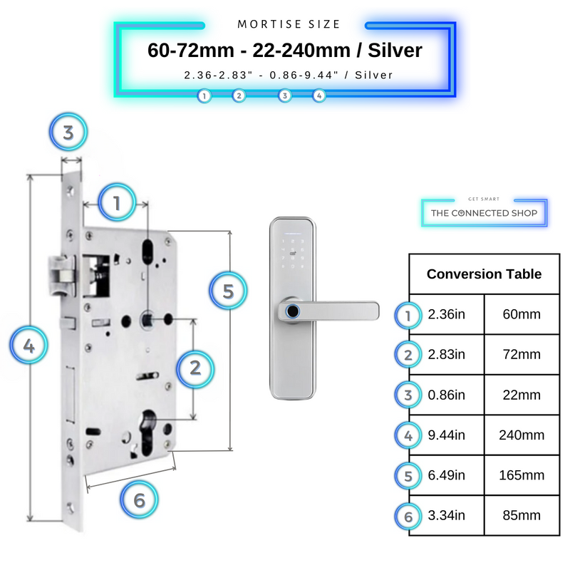 Smart Door Lock Silver Mortise Size 60mm 72mm 22mm 240mm