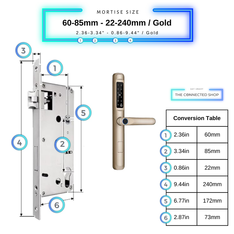 Smart Door Lock Slim Gold Mortise Size 60mm 85mm 22mm 240mm