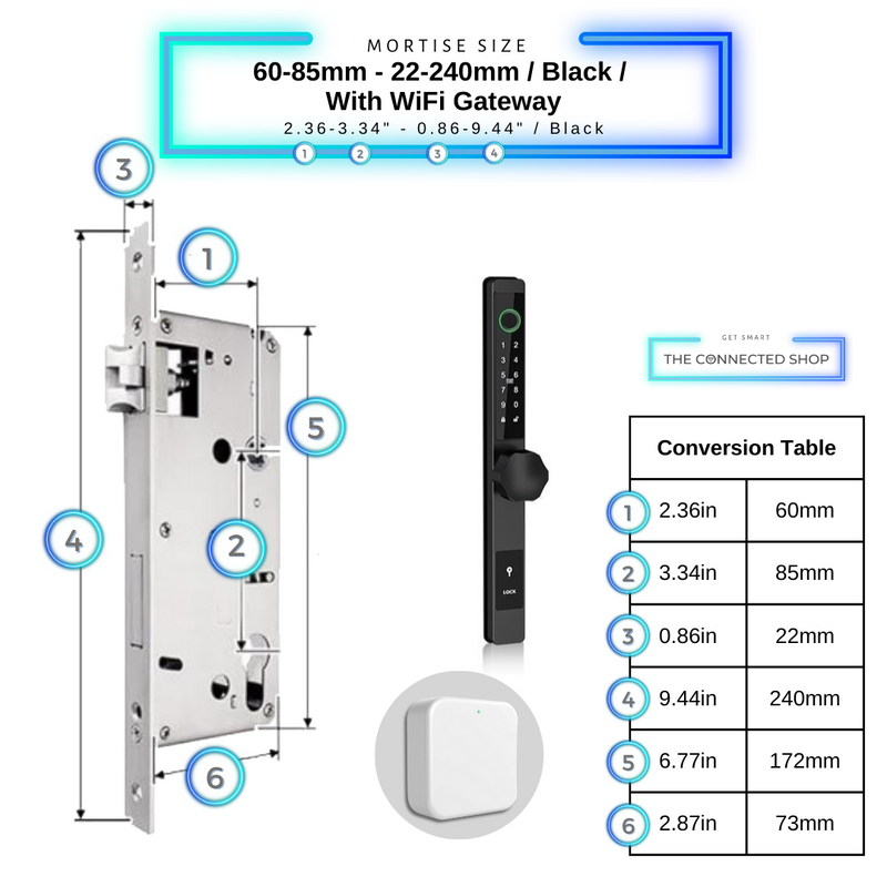 Smart Door Lock Thin 60-85mm-22-240mm_Blackw_WiFiGateway