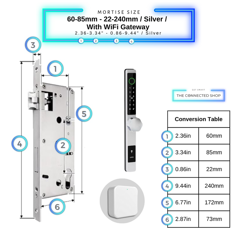 Smart Door Lock Thin 60-85mm-22-240mm_Silverw_WiFiGateway